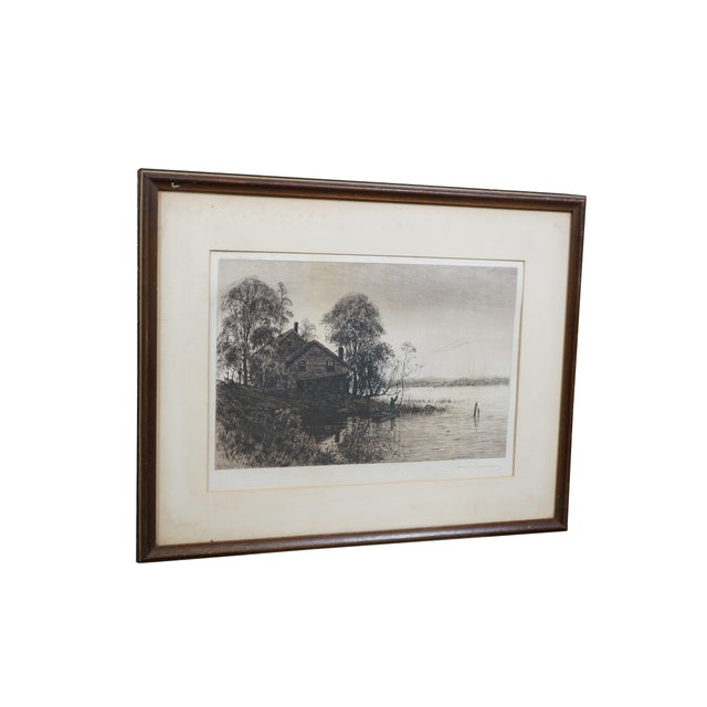 Victorian Antique Benjamin Lander Signed Waterfront House Figure in Boat Etching 21" For Sale - Image 3 of 12