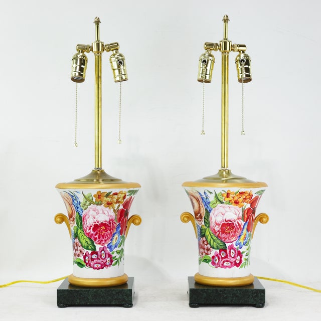 Pair of Vintage Floral Hand-Painted Brunschwig & Fils Wooden Table Lamps With Green Faux Marble Bases For Sale - Image 18 of 18