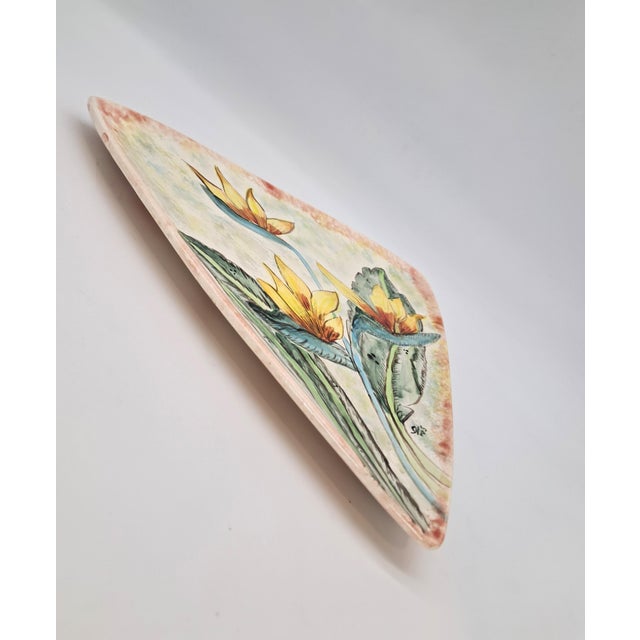 Ceramic Hand-Painted Triangular Plate With Orange and Yellow Lilies Signed by Artist For Sale - Image 7 of 9