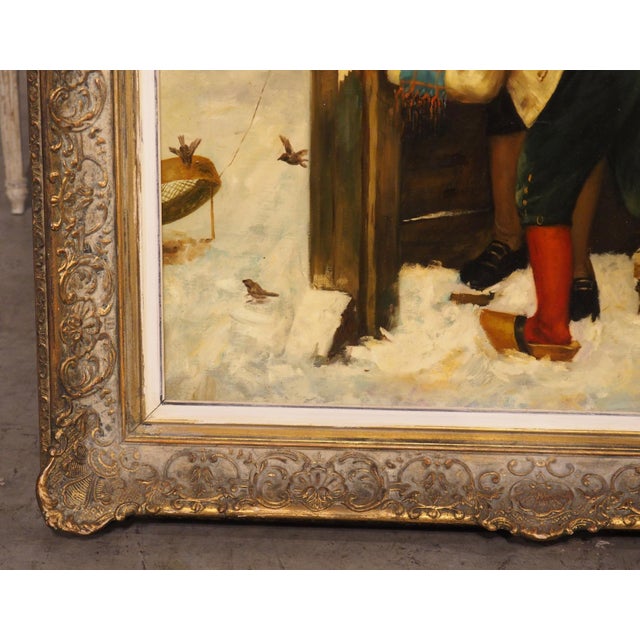 19th Century Oil on Canvas Painting, Children Playing in Winter, Alsace, France For Sale - Image 10 of 16