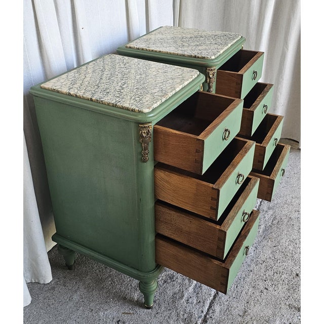 Green Vintage Pair of Nightstands, French Louis XVI Style Marble-Top For Sale - Image 8 of 18
