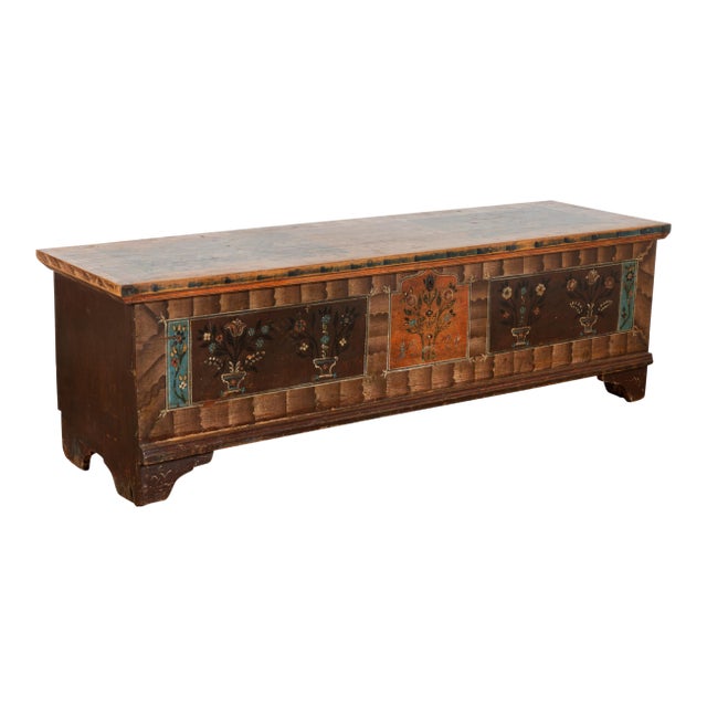 Long Narrow Original Painted Trunk Bench With Storage Dated 1921 For Sale