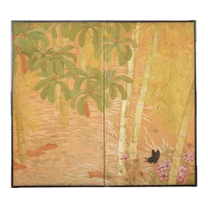 Japanese Taisho Two Panel Screen Bamboo Butterfly Landscape
