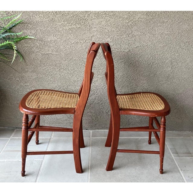 Circa 1920 Solid Oak Wood & Cane Seat Two-Rung Curved Ladderback Accent Chairs – A Pair For Sale In Austin - Image 6 of 18