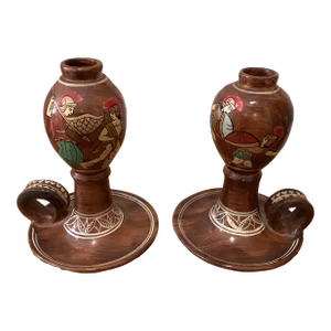 Vintage Mid 20th Century Clay Olympic Games Battle Ancient Greek Pottery Candle Holders - Set of 2