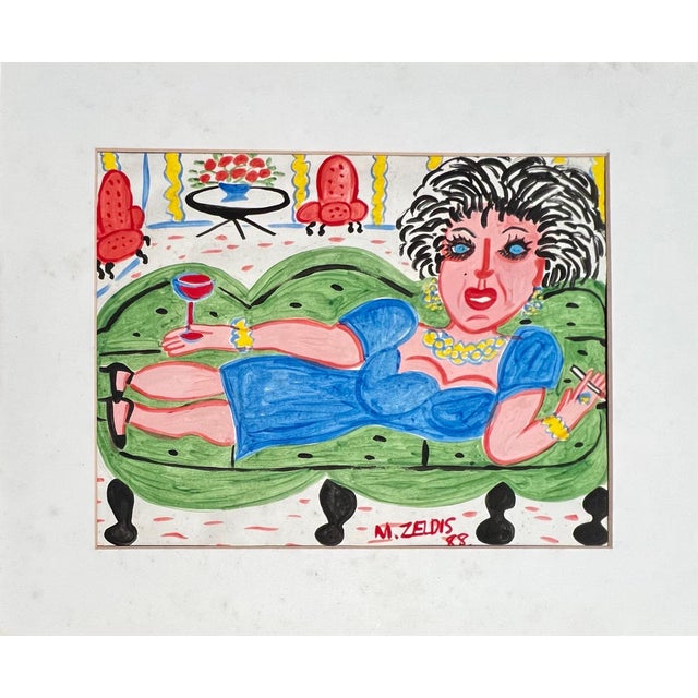 Paper Malcah Zeldis, Malcah Zeldis Folk Art Gouache Painting Wine & Cigarettes Woman Outsider Artist, 1988 For Sale - Image 7 of 8