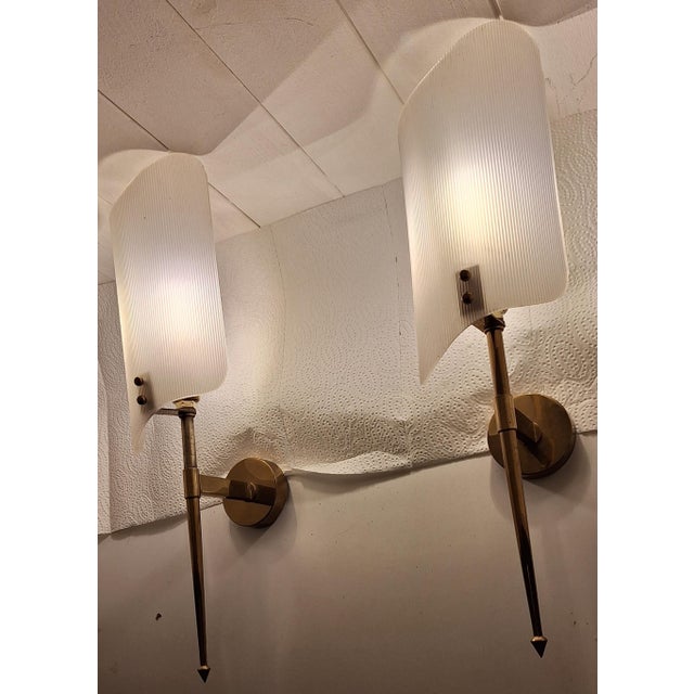 Metal Mid-Century Italian Wall Lamps with Brass Frame and White Plastic Shades, 1960s, Set of 2 For Sale - Image 7 of 11