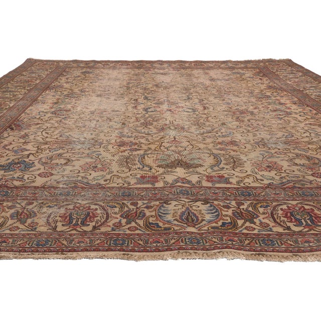 Rustic Early 20th Century Antique-Worn Persian Tabriz Rug - 09'07 X 12'03 For Sale - Image 3 of 9