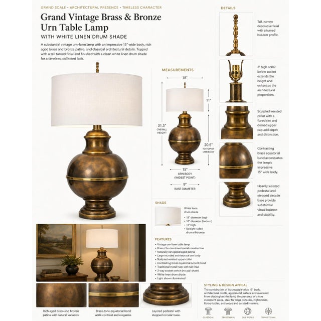 Traditional Grand Vintage Brass & Bronze Urn Table Lamp With Oversized White Linen Drum Shade For Sale - Image 3 of 3