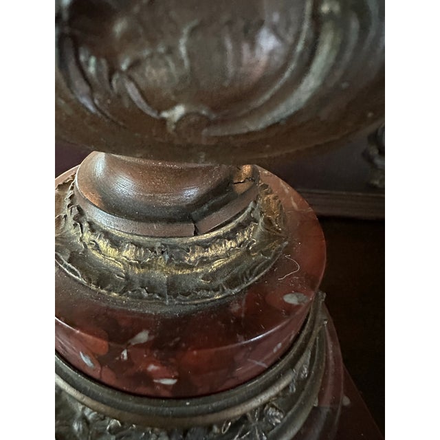 19th Century French Patinated Bronze Spelter and Rouge Griotte Marble Candelabras Garnitures Pair For Sale - Image 10 of 12
