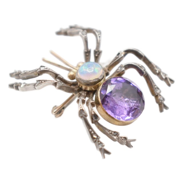 Mid 20th Century Opal, Amethyst and Diamond Spider Brooch For Sale
