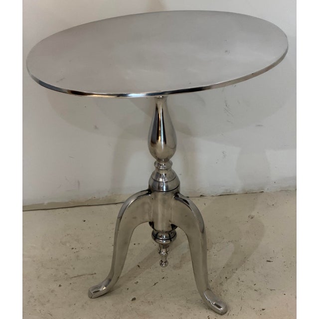 Polished Aluminum Oval Pedestal Side Table With Sculptural Tripod Base For Sale - Image 4 of 10