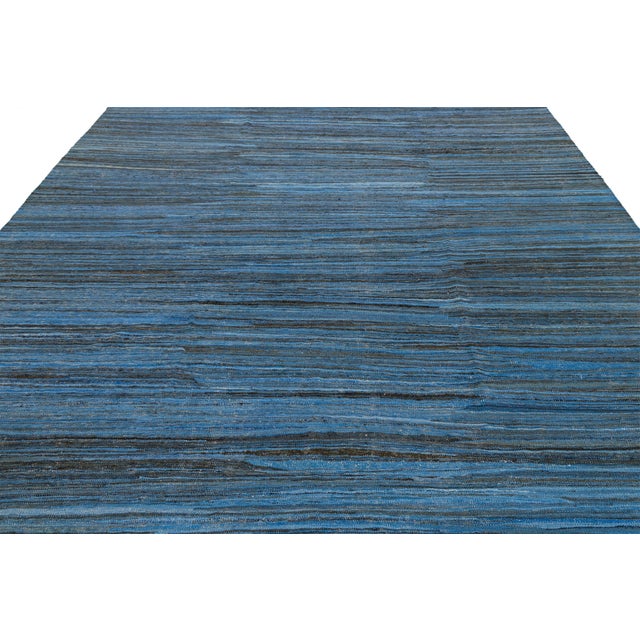 Charcoal Modern Handmade Flat-Weave Kilim Wool Rug in Indigo & Charcoal Abrash 9x12 For Sale - Image 8 of 12