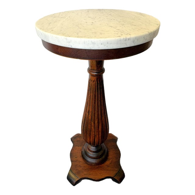 1900's Solid Wood Reeded Pedestal/ Plant Stand With Marble Top For Sale