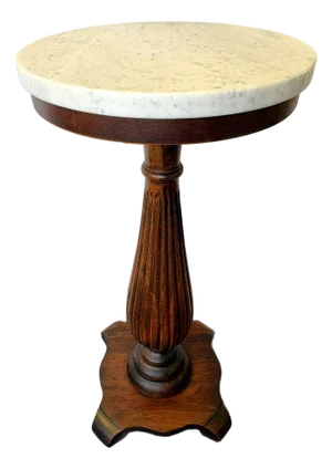 1900's Solid Wood Reeded Pedestal/ Plant Stand With Marble Top