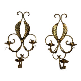 Vintage Italian Tole Laurel Wreath Three Arm Candle Sconces - a Pair For Sale
