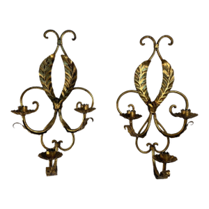Vintage Italian Tole Laurel Wreath Three Arm Candle Sconces - a Pair