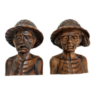 Mid-Century Balinese Hand-Carved Wood Elderly Farmer Couple Busts, Pair For Sale