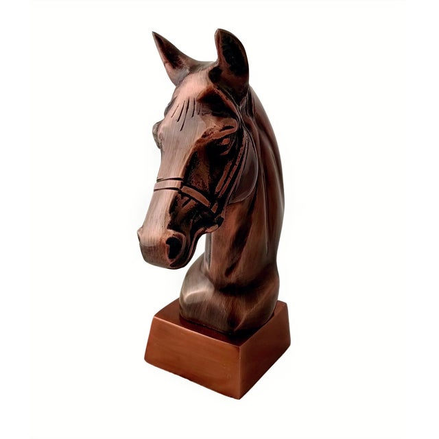 1970s Antique Copper Finish Metal Horse Bust Sculptures For Sale - Image 5 of 6