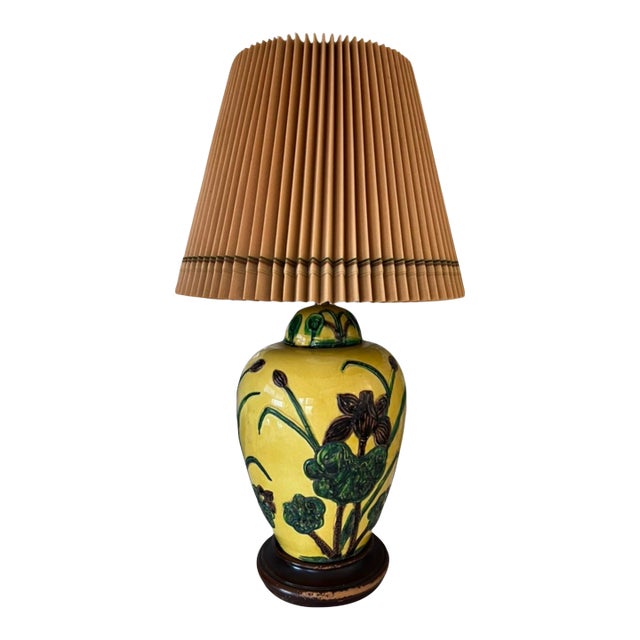 1950s Marbro Yellow Porcelain Table Lamp With Pleated Shade For Sale