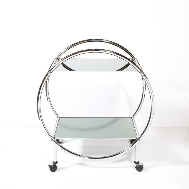 Art Deco Style Round Form Tubular Two-Tier Bar Cart in Chrome and Smoked Mirror For Sale - Image 4 of 13