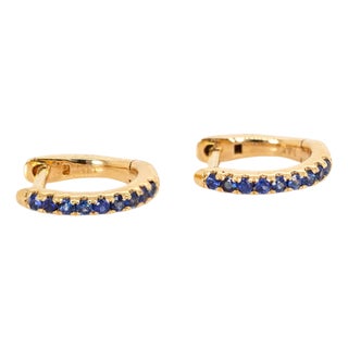 10mm Solid 14k Yellow Gold Ceylon Sapphire Huggie Earrings, Pair For Sale
