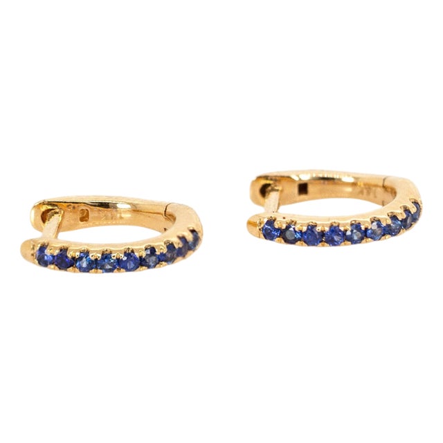 10mm Solid 14k Yellow Gold Ceylon Sapphire Huggie Earrings, Pair For Sale