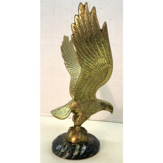 Vintage Cast Brass Eagle With Spanned Wings in Flight – Round Marble Base For Sale - Image 15 of 16