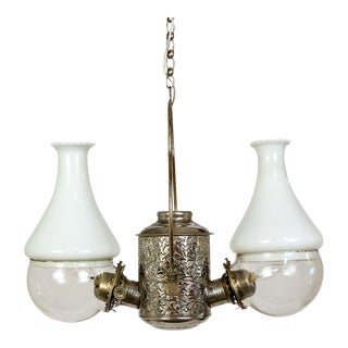Late 19th Century Silver Angle Lamp Co. Electrified Kerosene Brass & Glass 2-Light Hanging Fixture For Sale