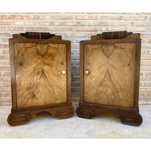Art Deco Walnut Slab Side Cabinets or Nightstands with Carved Base, 1930s, Set of 2 For Sale - Image 16 of 16