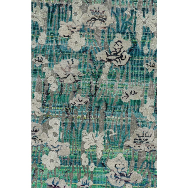 Textile Modern Hand-Knotted Silk Floral Rug Green Blue and Gray Pattern For Sale - Image 7 of 9