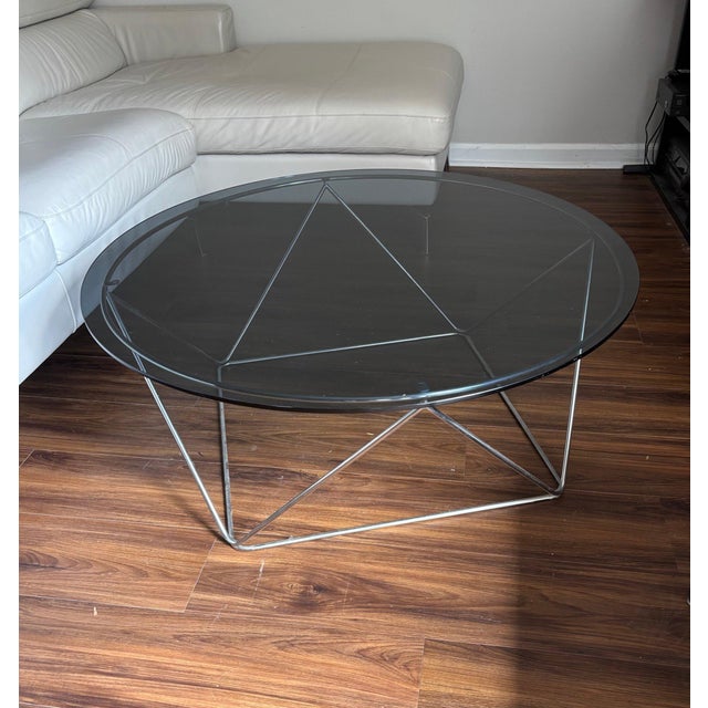 Round Glass Coffee Table, Smoked Glass Top, Geometric Steel Rod Base ...