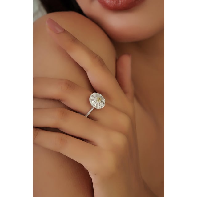 Art Deco Yellow Diamond Ballerina Cocktail Ring in 18k White Gold Size 7 For Sale - Image 11 of 16