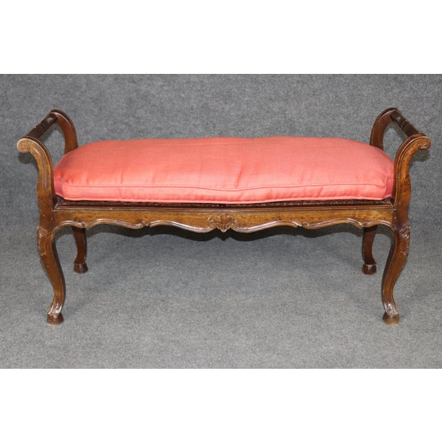 Carved Walnut French Cane and Upholstered Louis XV Style Window Bench For Sale - Image 4 of 7