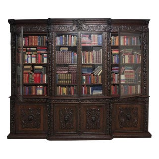 Victorian Carved Oak Breakfront Bookcase, 1870s For Sale