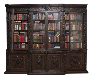 Victorian Carved Oak Breakfront Bookcase, 1870s