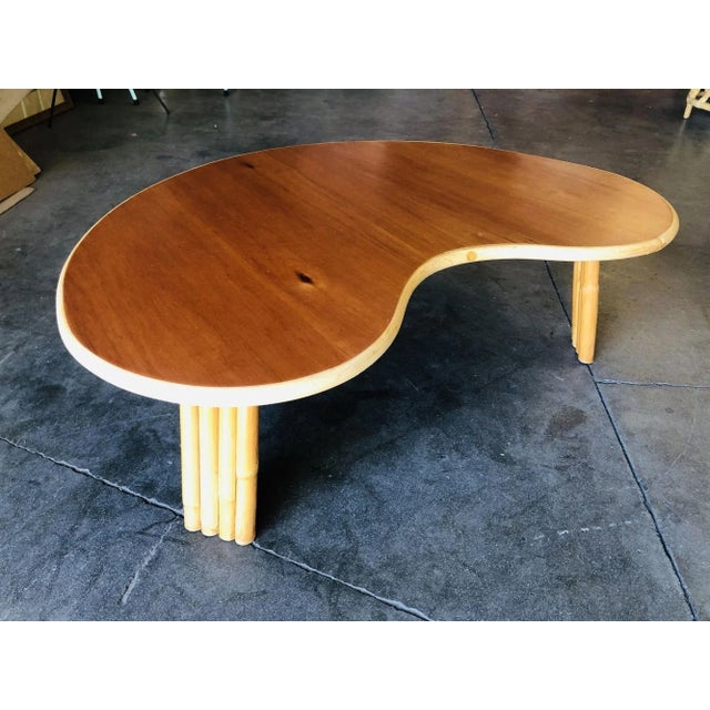 Tan Restored Biomorphic Rattan & Mahogany Coffee Table W/ Tri Stacked Legs For Sale - Image 8 of 9