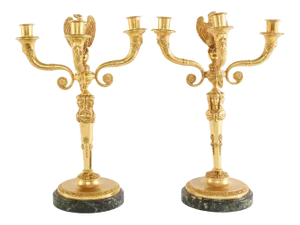 Mid 19th Century Gilt Bronze / Marble Base Three Arms Candelabras - a Pair