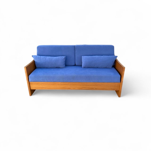 Mid-Century Modern 1970s Canadian Teak Pull-Out Sofa Bed in Blue Upholstery, Mid-Century For Sale - Image 3 of 18