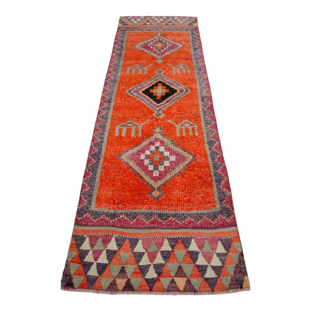 1960s Vintage Hand Knotted Primitive Turkish Runner For Sale