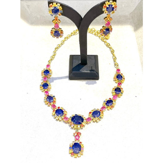 Blue Bochic “Capri” Blue, Multi Sapphire & Ruby Necklace Set 18K Gold & Silver For Sale - Image 8 of 11
