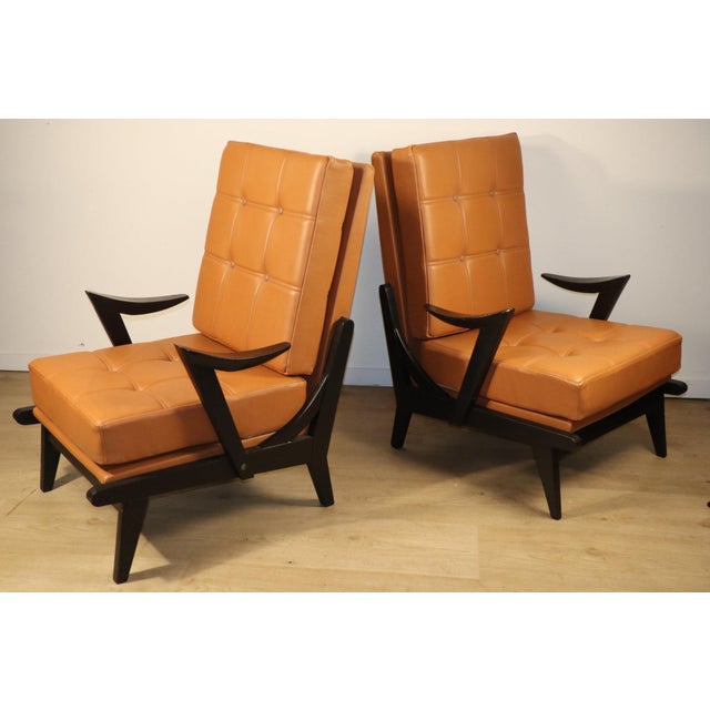 Vintage Armchair in Black Wood and Caramel Leather, 1950s For Sale - Image 4 of 18