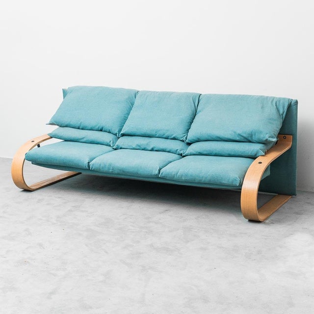 3-Seater Sofa in Blue Fabric and Wood in the style of Alvar Aalto, 1970s For Sale - Image 10 of 10