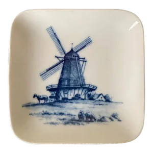 Antique Danish Blue and White Porcelain Jewelry Dish With Windmill by Royal Copenhagen