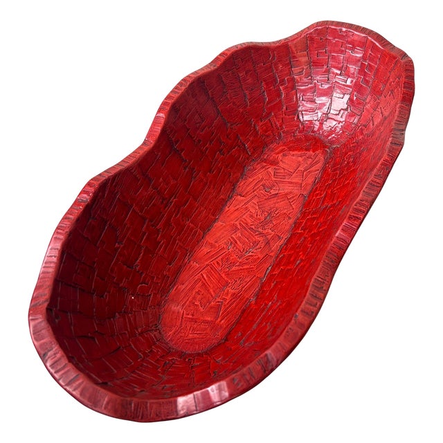 Japanese Hand-Carved Red Lacquered Wooden Bowl, 1950s For Sale
