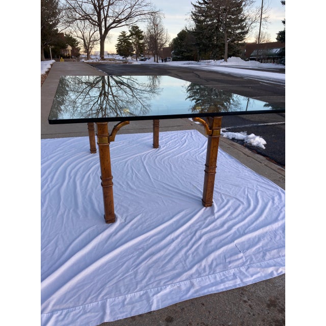 Asian Influenced Glass Dining Table in Faux Bamboo Having Bronze Fretwork For Sale - Image 11 of 12
