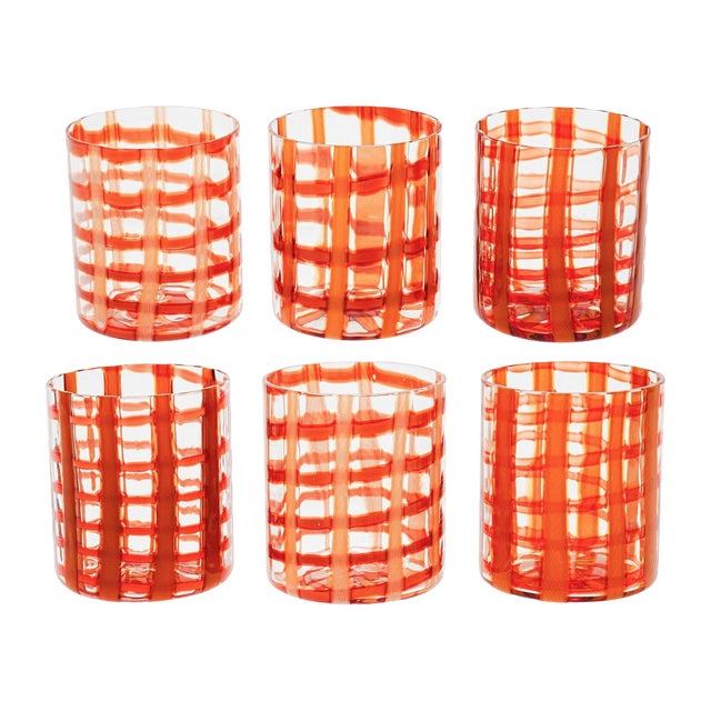 Burnt Orange & White Zanfirico Murano Glasses from Cenedese, Set of 6 For Sale