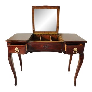 Vintage Late 20th Century Henredon Custom Folio Two Solid Mahogany Wood Vanity Desk W/ 2 Drawers For Sale