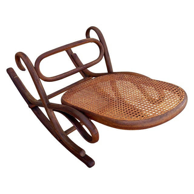 Antique Vienna Secession Dark Bent Oak & Cane Rocking Foot Stool Attributed to Thonet No.7001 For Sale In Los Angeles - Image 6 of 8