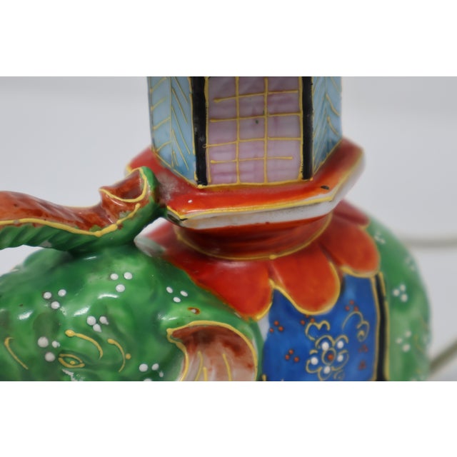 Green Vintage Japanese Satsuma-Style Moriage Elephant Pagoda Lamp With Shade For Sale - Image 8 of 18
